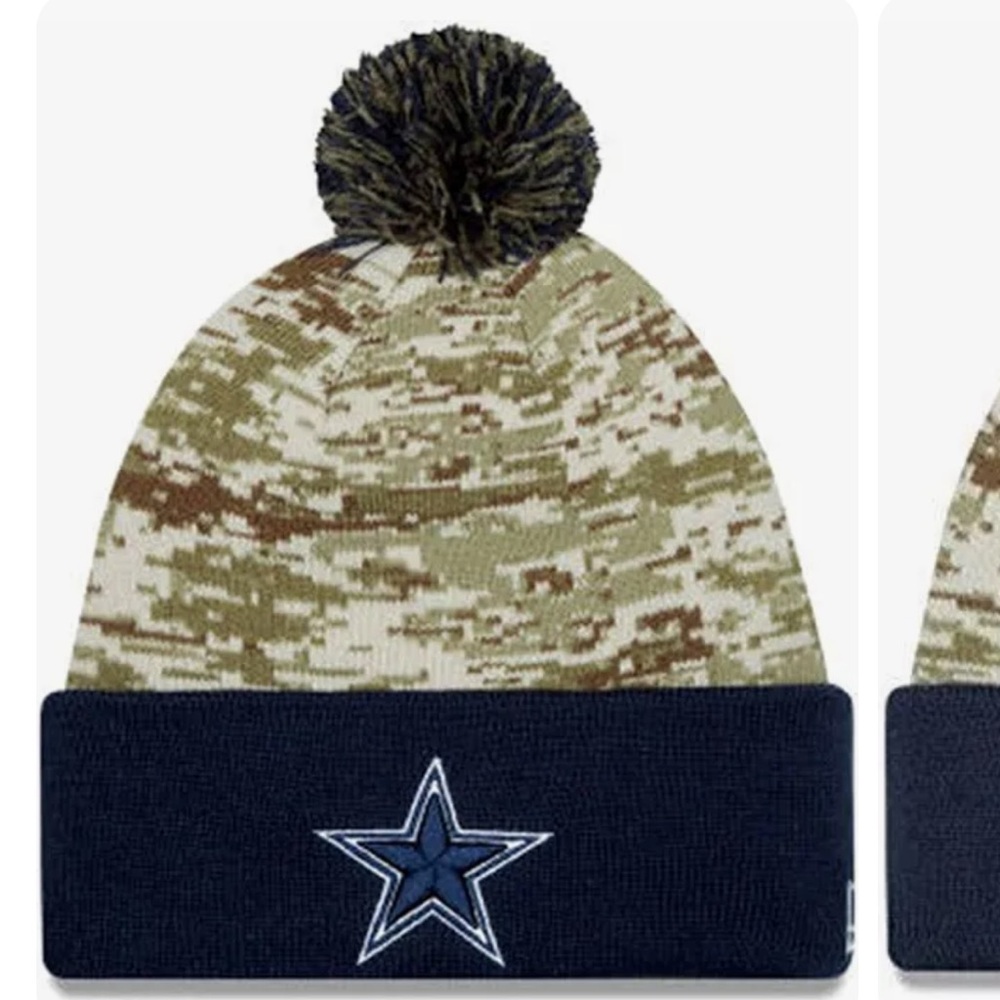 NFL New Era Dallas Cowboys Pom Pom Beanie Hat Fleece Lined Camouflage Green Blue